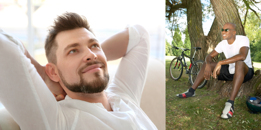 Men at rest: one at home, another in nature with a bike standing nearby