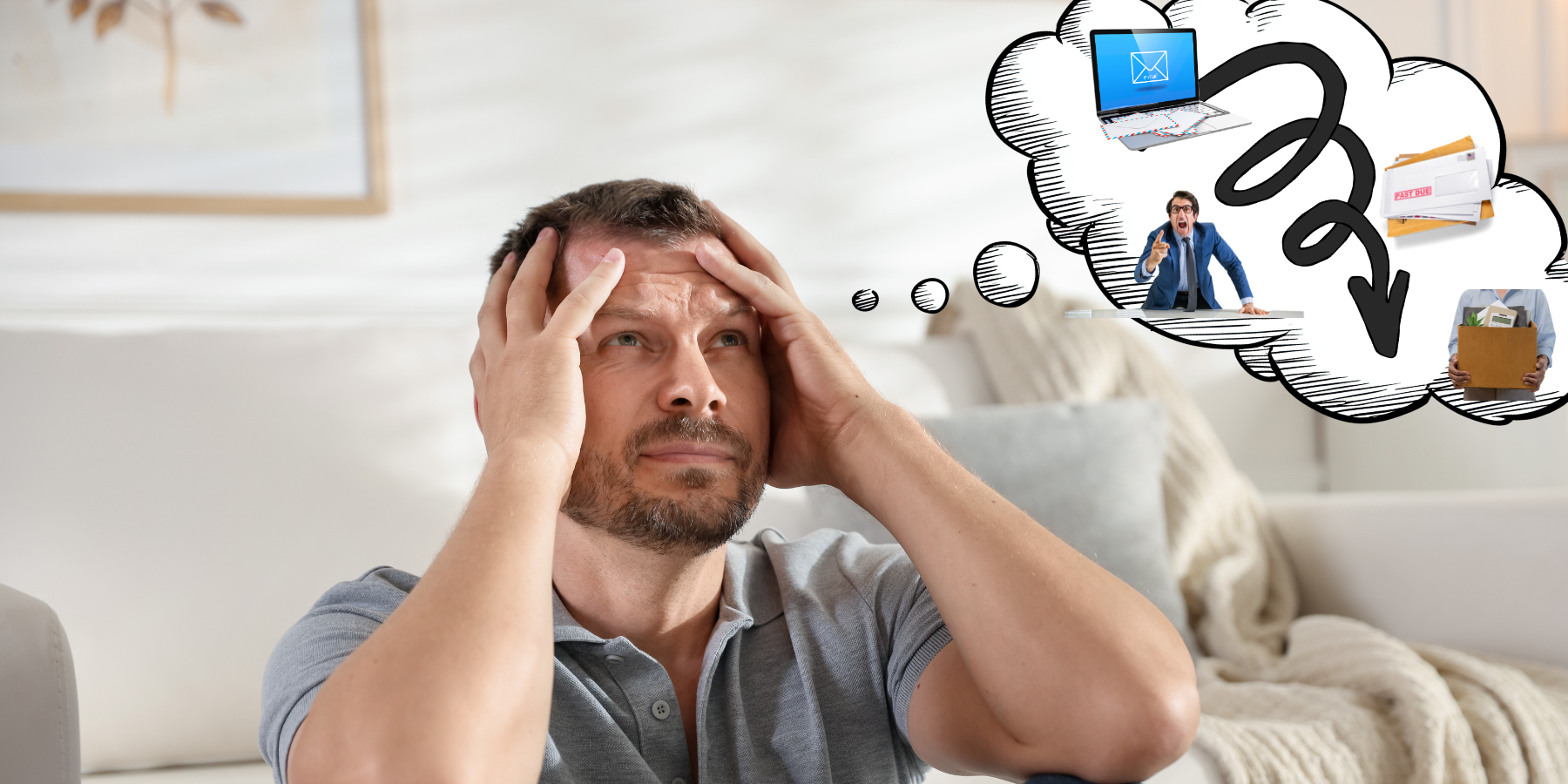 Man anxious at home thinking about work, feeling insecure in work and paying bills.
