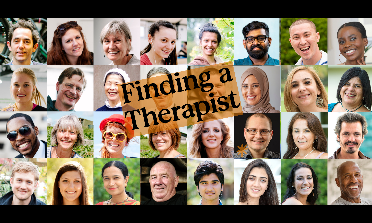 Many faces with the title, "Finding a Therapist"