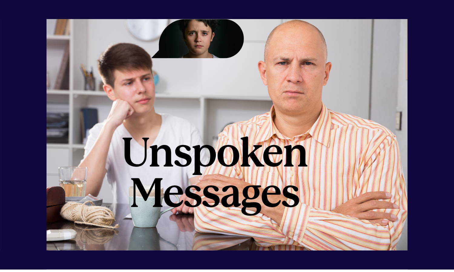 Father turned away from teen son with a thought bubble of a sad boy.