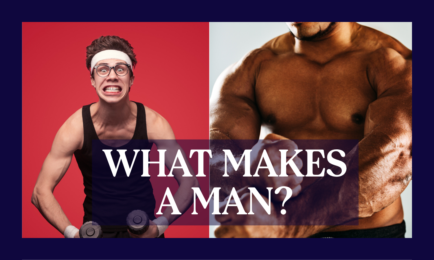 Split image of two men: one with realistic muscles, the other an AI-generated man with an unrealistic set of muscles