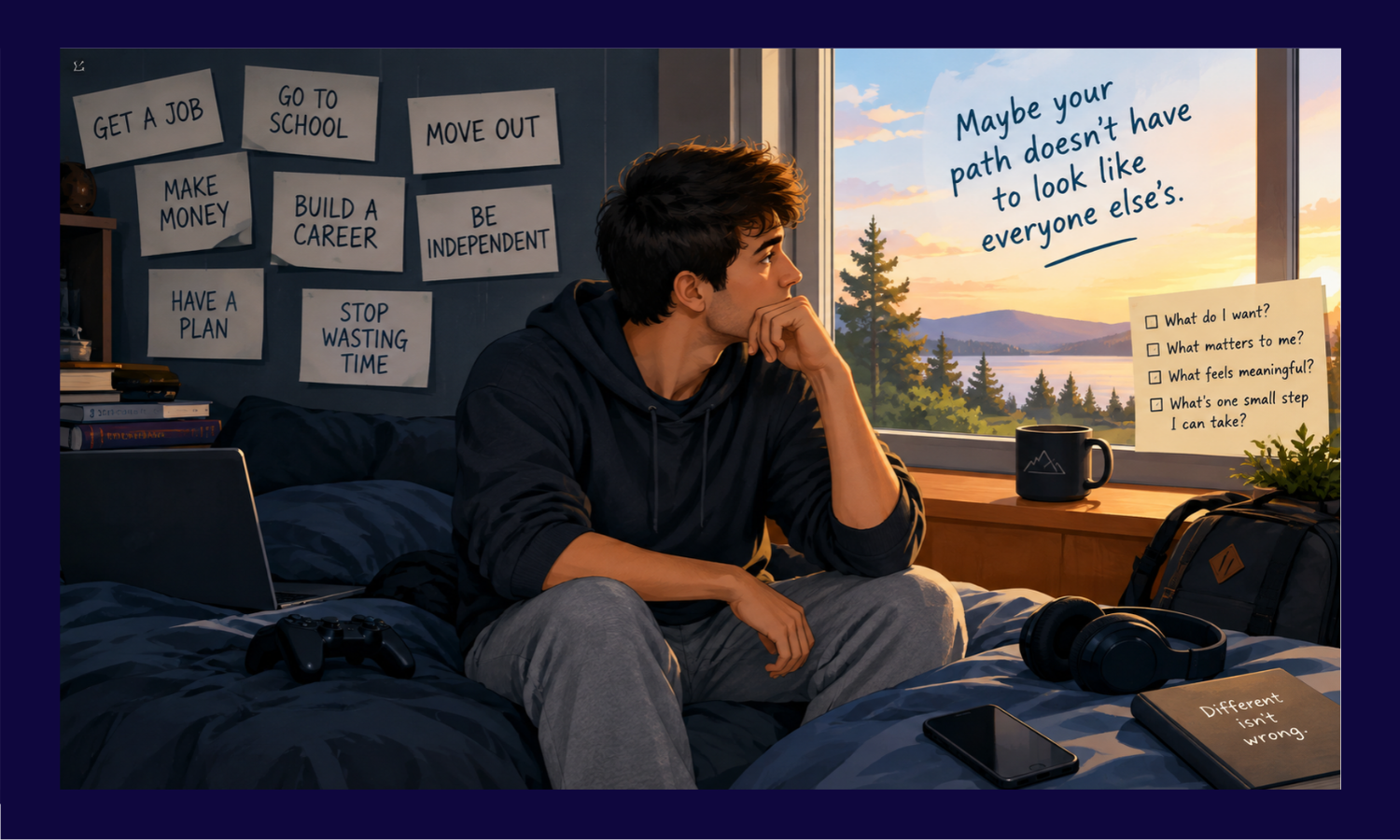 Young adult male sitting on bed looking out the window with notes around the room about decision making and questions he has